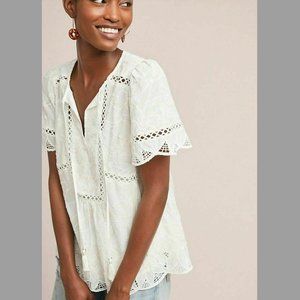 Anthropologie Feather Bone White Embroidered Top